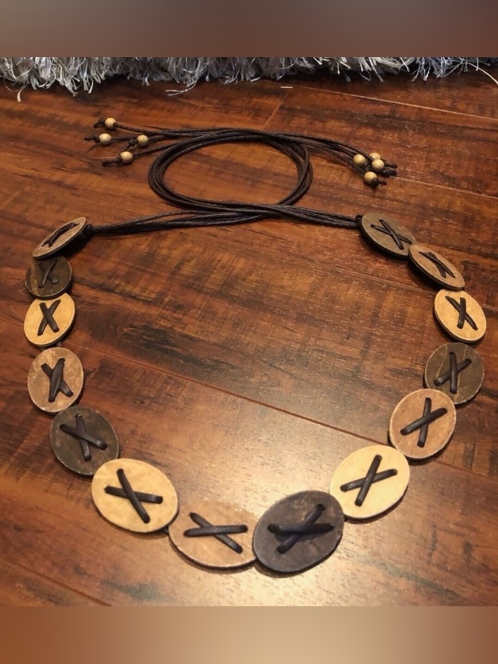 Vintage BoHo Hippie Festival Wood Disc Faux Leather Fringe Tie Hip Belt …